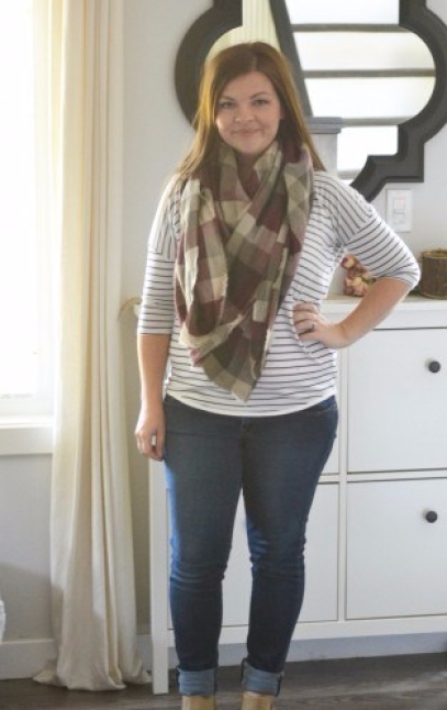 Striped-Shirt-Blanket-Scarf-Jeans-Ankle-Boots-Petite-Curvy-Mom-Style-313x557